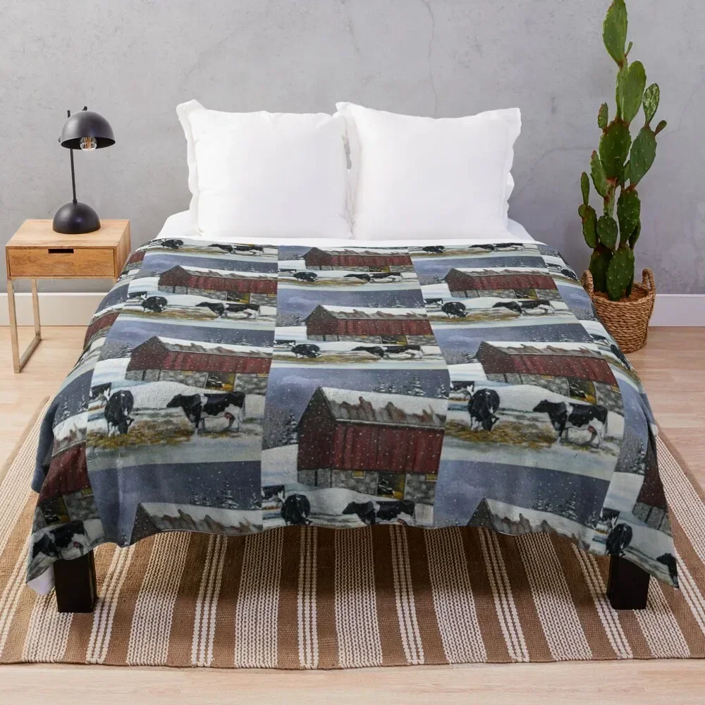 

Holstein Cows in Snowy Barnyard, Original Painting, Farm Animals, No. 3 Throw Blanket bed plaid Quilt Cute Flannels Blankets