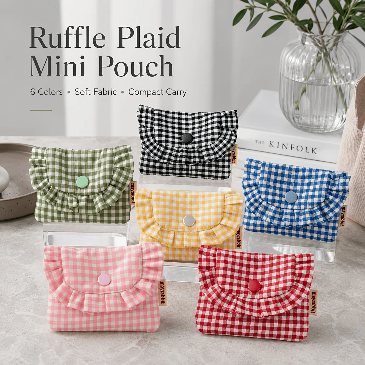 Women'S Gingham Ruffled Coin Purse, Snap Closure Card Holder Wallet,Cute Mini Pouch for Cash, Cards, Earbuds & School Essentials