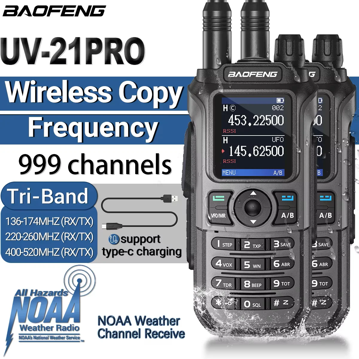 2PCS Baofeng UV-21 PRO Walkie Talkie Long Range Wireless Copy Frequency Type-C Tri band Powerful Waterproof V2 Two Way Radio