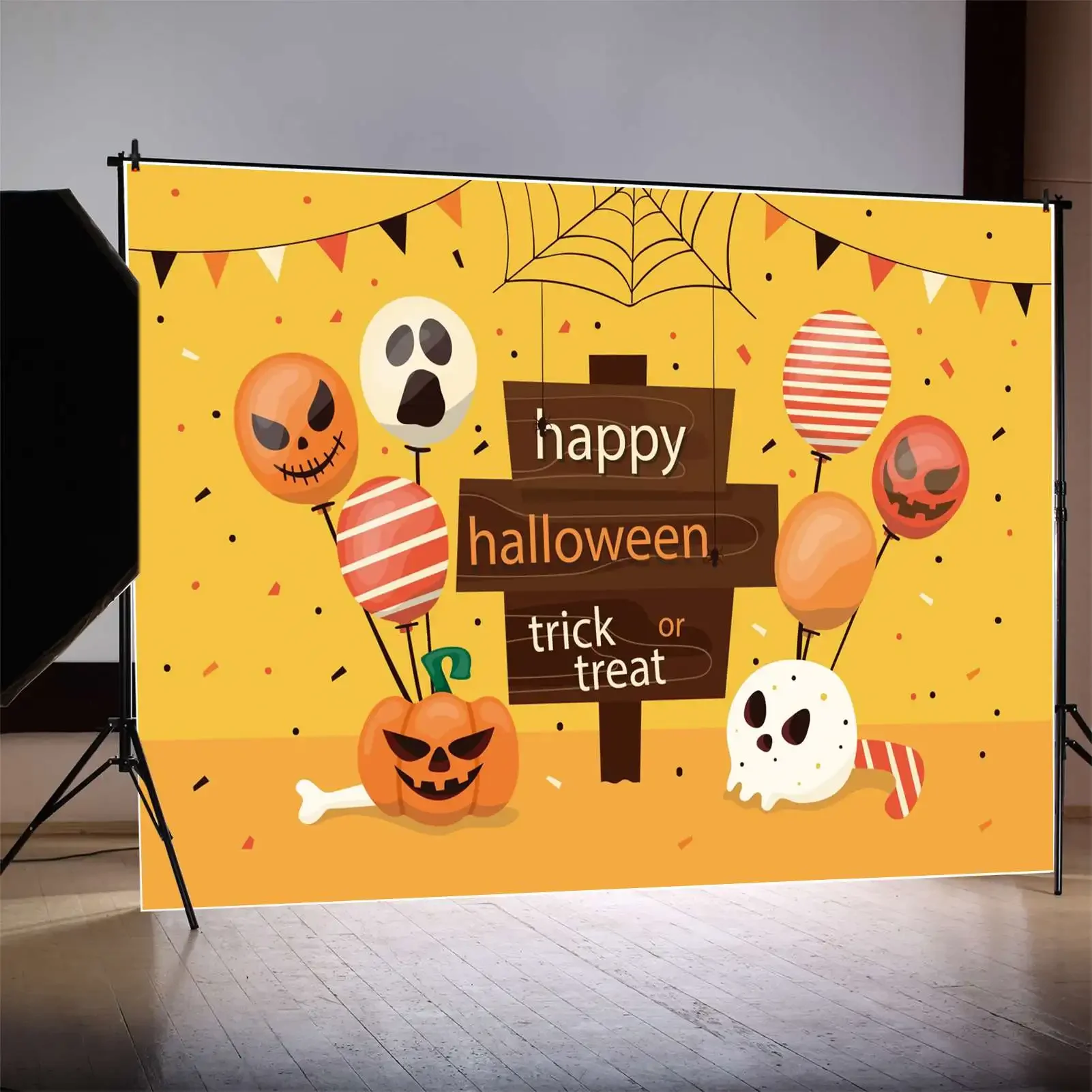 MOON.QG Backdrop Baby Balloon Happy Halloween Banner Photo Booth Background Kid Party Prop Wood Board Spider Web Flag Bone Decor