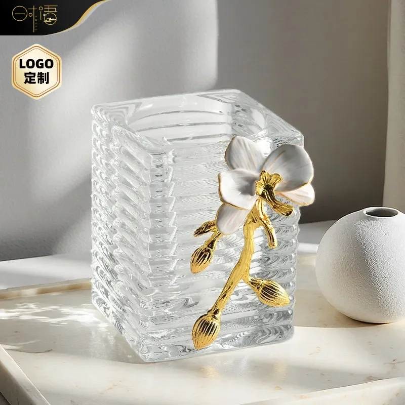 Nordic Retro Enamel Flower Glass Storage Box for Desktop Beauty Eyebrow Pencil Makeup Brush Candlestick Holder Organizer