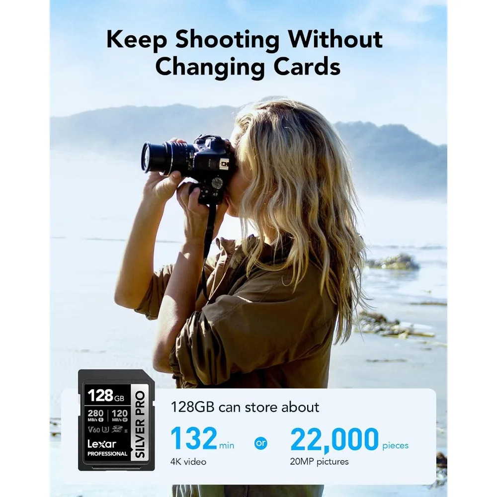Lexar 128GB 2-Pack Silver PRO SD Card 280MB/s Read 4K V60 U3 UHS-II
