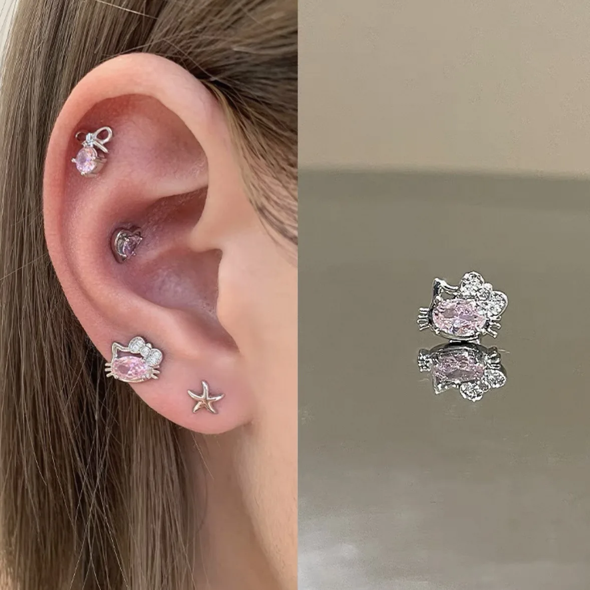Hello Kitty Ear Nails Titanium Steel Cute Cochlear Nails Cartoon Anime Women Supplies Desktop Decoration Student Gift Wholesale