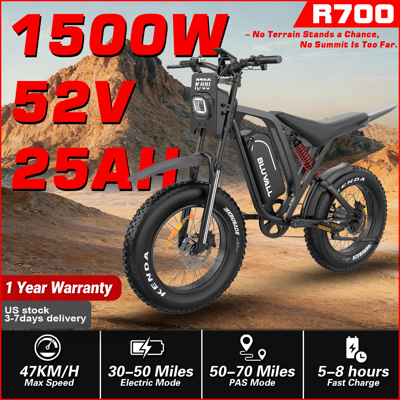 

Электровелосипед R700, 1500 Вт, 52 В, аккумулятор 25 Ач, скорость до 35 миль/ч, полная подвеска, 26-дюймовые широкие шины, горный электровелосипед для взрослых, для любых дорог, быстрая доставка