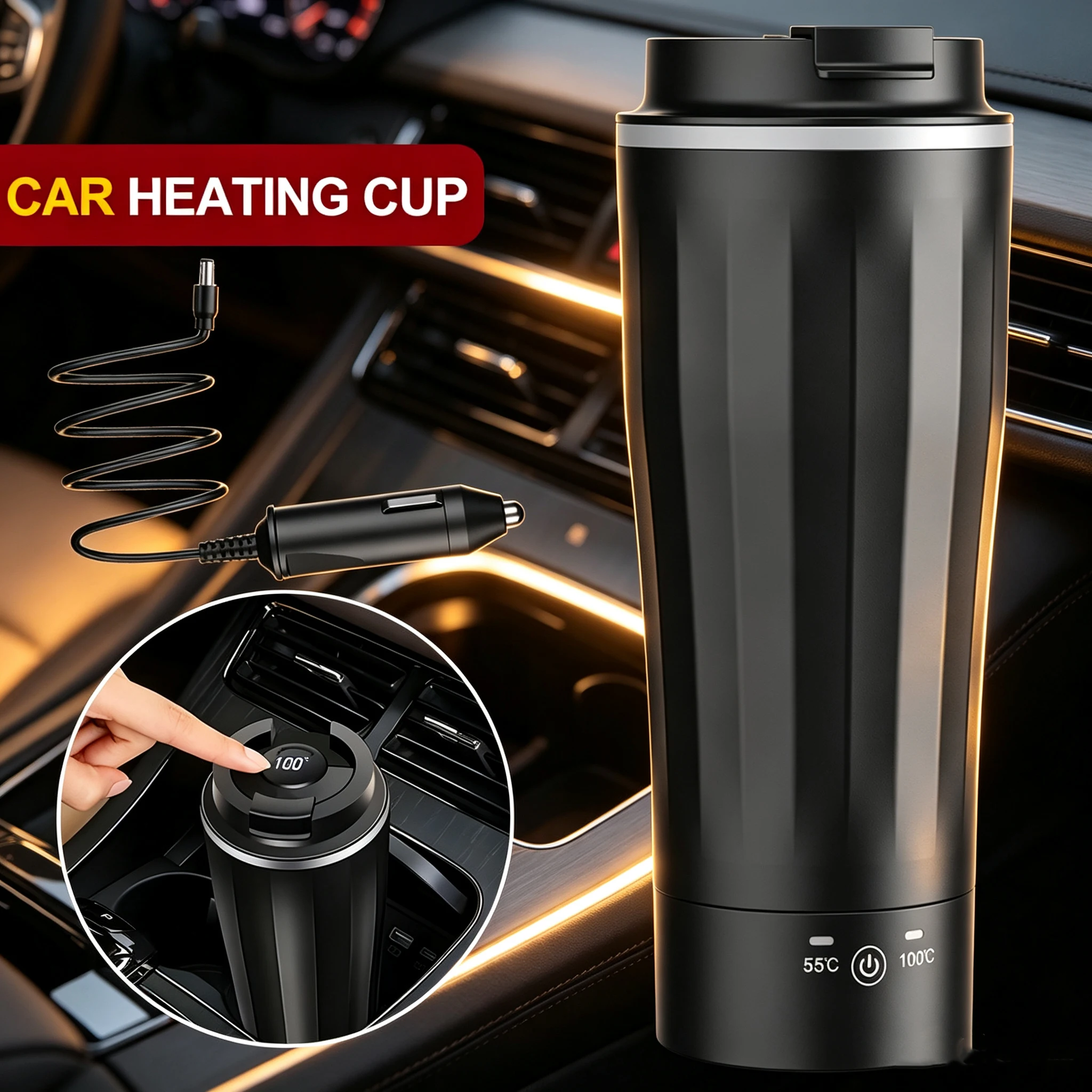 Portable Car Heating Cup, 450 mL Electric Kettle with Real-Time Temperature Display, Stainless Steel Insulated Car Mug