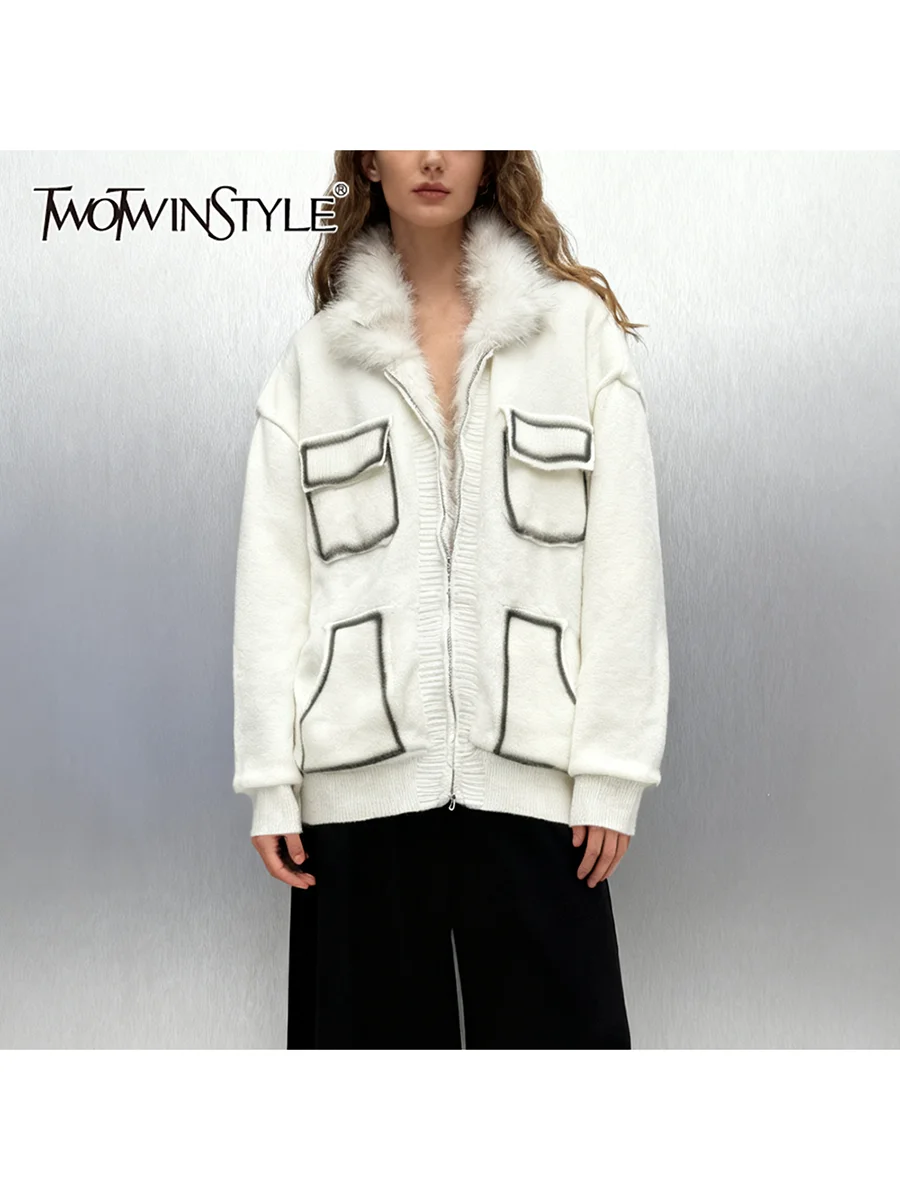 

TWOTWINSTYLE хитовый цвет сращенные карманы повседневные куртки для женщин с круглым вырезом и длинными рукавами лоскутная меховая двусторонняя куртка женская новинка