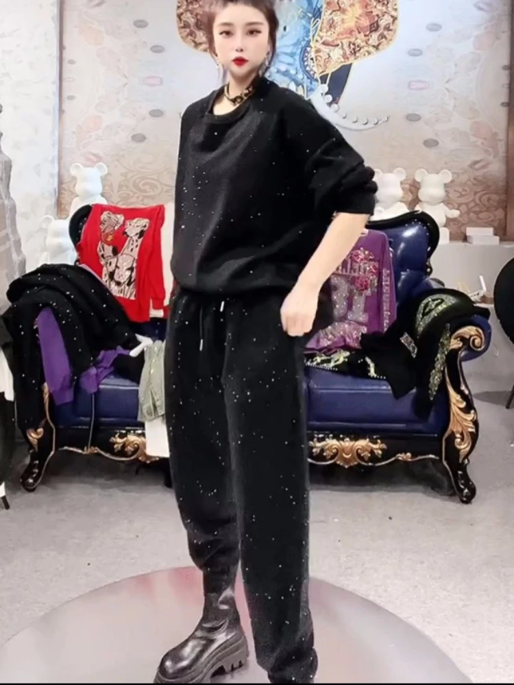 Fashion Rhinestone Black Sports Set 2023 Autumn Loose Crew Neck Pullover Sweatshirt Sweatpants Two Piece Sets Womens Outifits