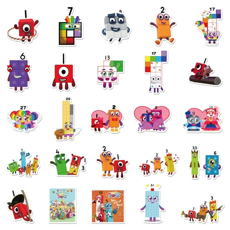 Numberblocks Adesivos dos desenhos animados, Mala, Water Cup, Papelaria, Telefone móvel, Carro, Scooter, Laptop, Frigorífico Decoração, 50pcs