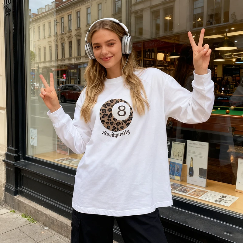 Leopard billiards Print T-shirt Women Men 2025 Autumn New 100%Cotton White Long Sleeves Oversize T-shirt Y2k Top Ladies clothing