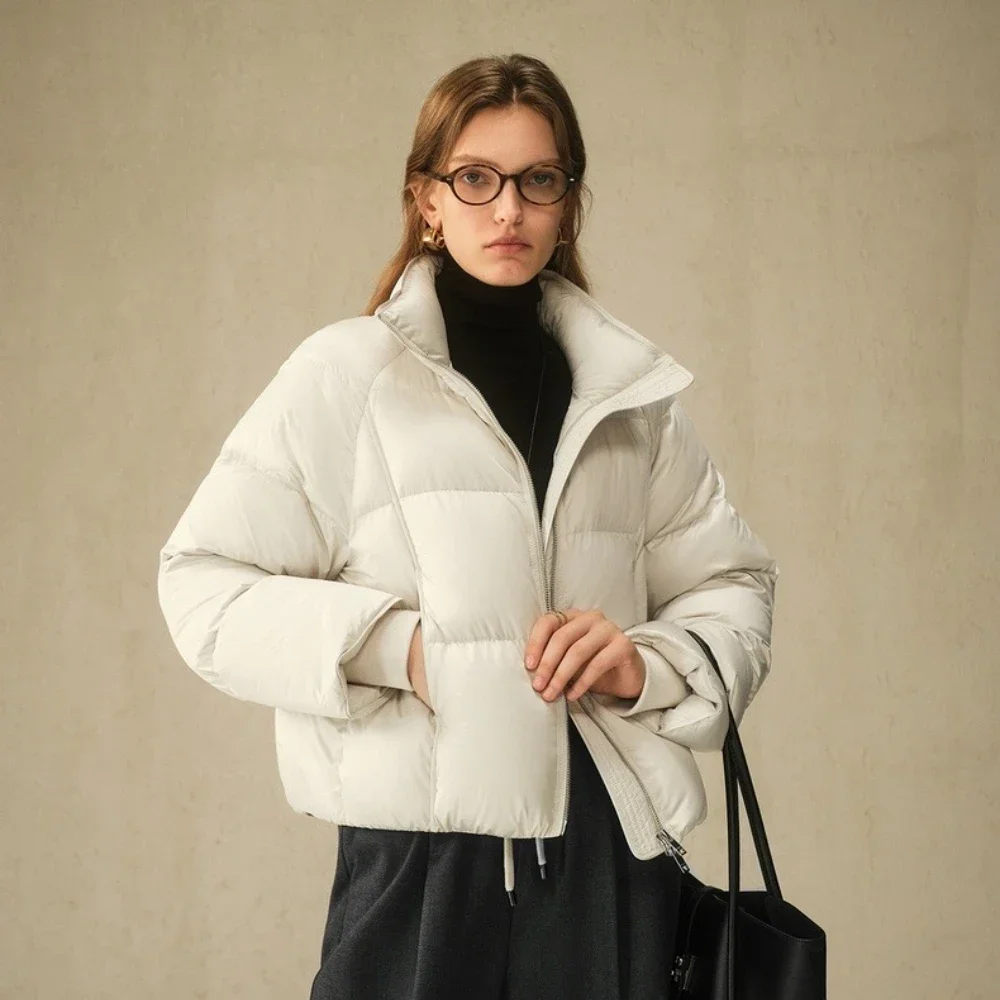 

2025 Short Stand Collar Puffer Jacket Female New Autumn Winter Top Clothes Women Zipper Loog Sleeves Thick Warm Duck Down Coat