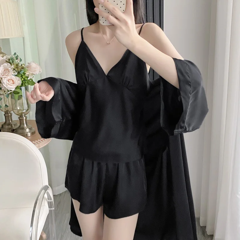 Ice Silk Pajamas Set Women 4PCS Bride Wedding Robe Nightgown Sexy Solid Color Satin Sleepwear Kimono Bathrobe Gown