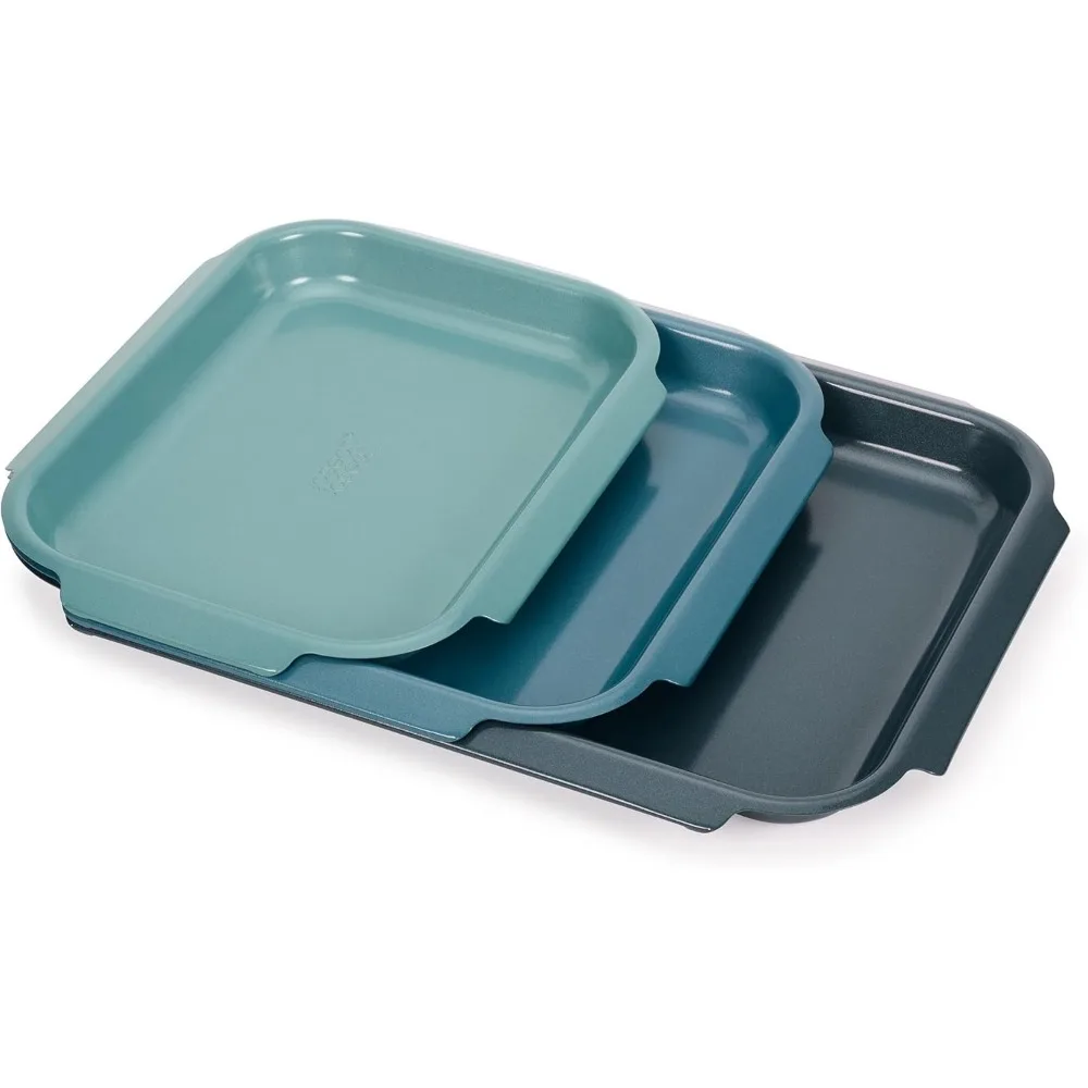

3-Piece Non-Stick Baking Sheet Pan Set, Carbon Steel, Easy-Pull Handles, Stackable & Space-Saving Design with 10-Year Guarantee