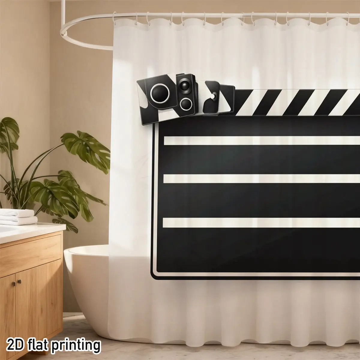 Film Clapperboard Shower Curtain Black White Stripes Movie Slate Design Minimalist Cinema Theme Bathroom Decor