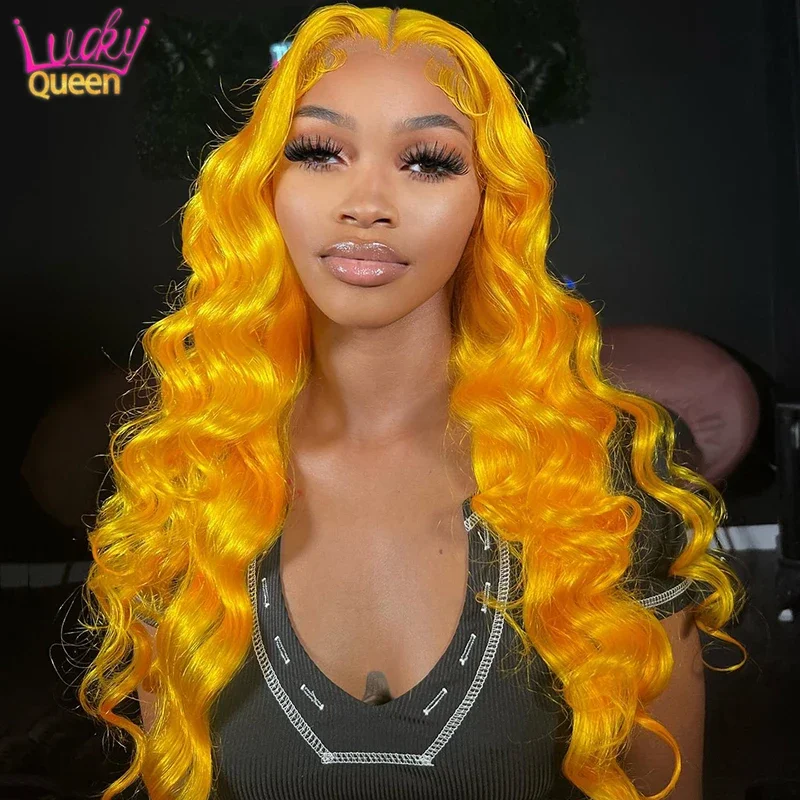 Wig cerah Lemon kuning 30 inci gelombang tubuh renda transparan Wig depan pra pencabutan rambut Remy 13X4 13X6 Wig Frontal untuk wanita