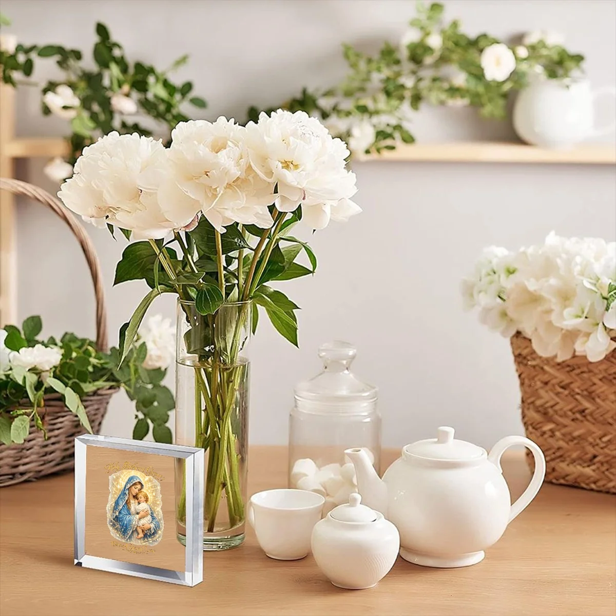 CIFBUY Acrylic Plaque Square Illuminated Virgin Mary Base Desktop Decor Religious Christian Home Ornament Gift For Mother