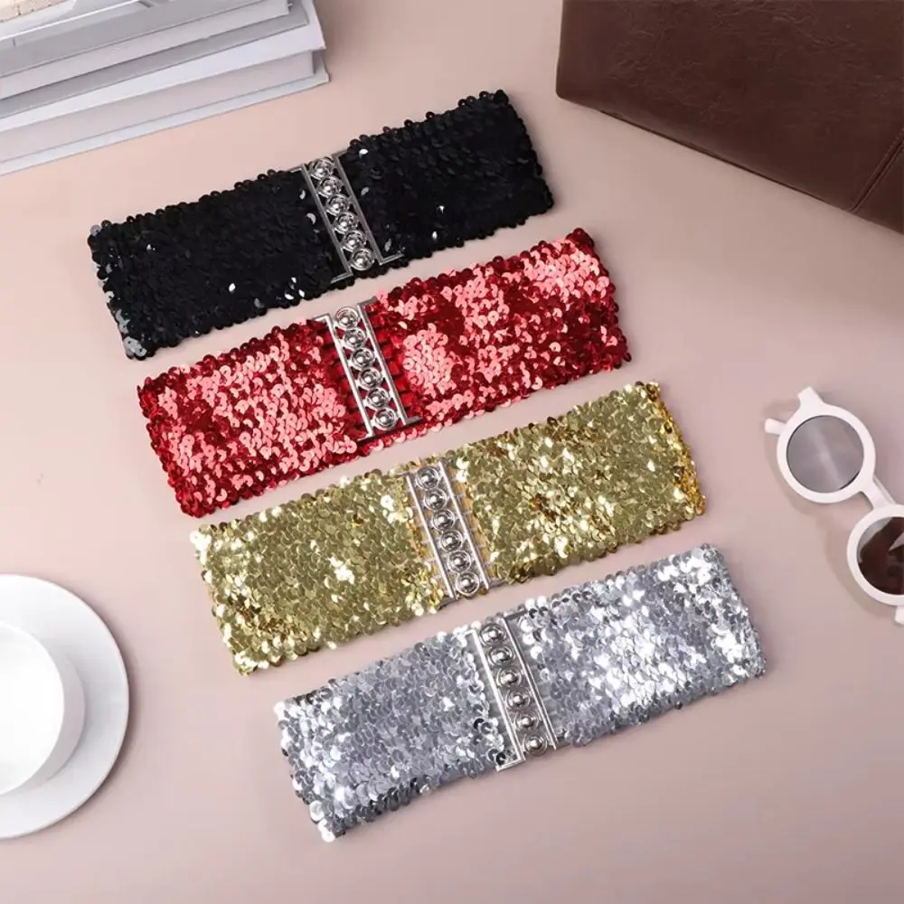 Sparkling Sequined Wide Corset Belt Metal Buckle Wide Elastic Sequin Elastic Cummerbunds Decorative Corset Belt