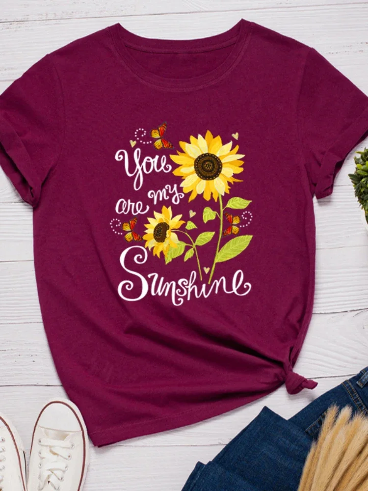 Plus Size Women T Shirt O Neck Loose Women Tshirt Ladies Tee Shirt You Are My Sunshine Sunflower Print Tops Camisetas Mujer