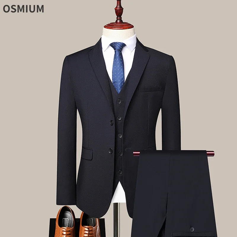 3 Piece Set Suits Men Casual Business Button Up Suit Blazer Pants Set Formal Wedding Dress Men Black Grey Three Piece Outfits