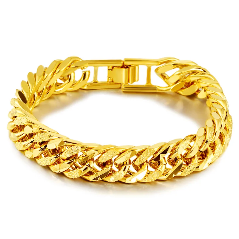 Pure Gold Color 12mm Men\'s Bracelet, 24K Gold Filled Link Chain Heavy Bangle Bracelets for Men 19.5cm,Wholesale Fashion Jewelry