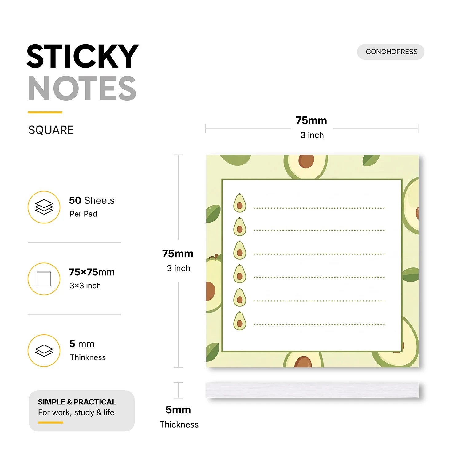 2pcs Avocado Lined Sticky Notes, 100 Sheets Total, 3x3 Inch Self Stick Memo Pads, Cute Square Sticky Note Pads with Avocado