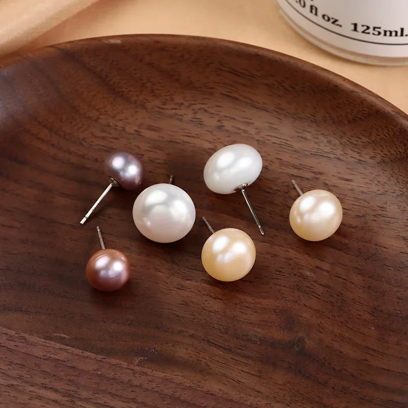 Real Natural Pearl Stud Earrings Womens 925 Sterling Silver Round Button Cultured Freshwater Pearls Ear Studs Classical Jewelry