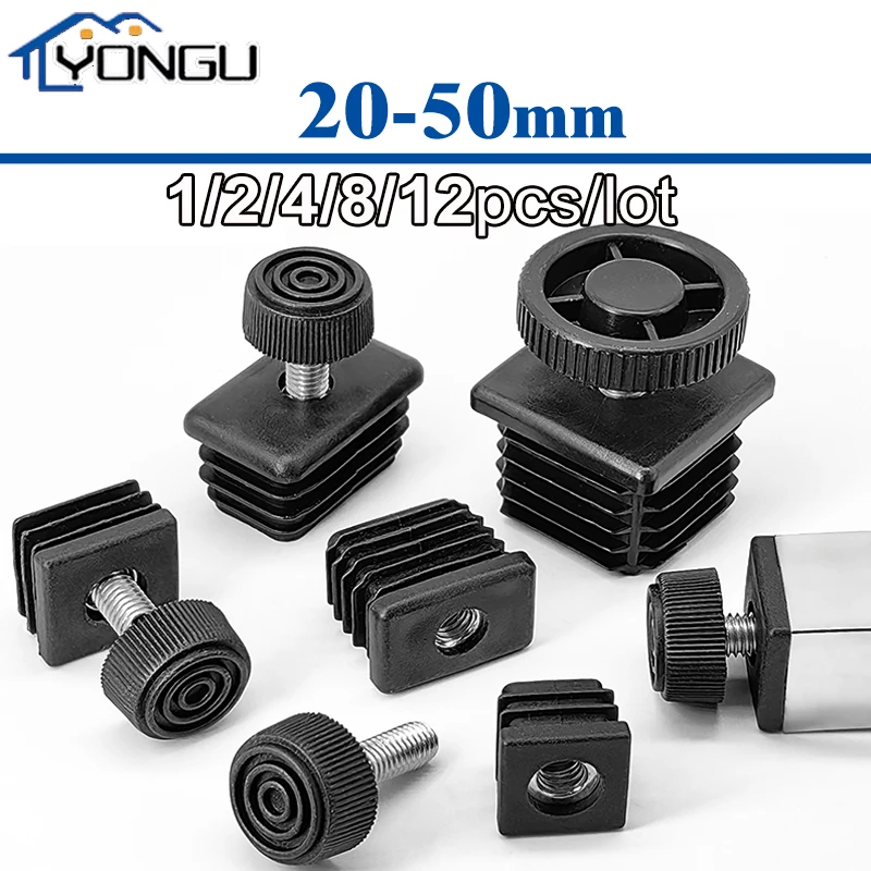 M8 สีดําสแควร์/รอบท่อพลาสติกปลั๊กสกรูปรับเท้าเฟอร์นิเจอร์ขา End CAPS 20 22 25 28 30 32 35 40 50 มม.