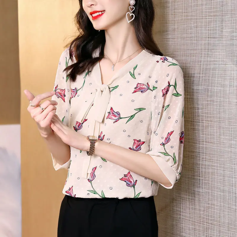 

Floral Chiffon Blouse New Summer Style Loose for Women