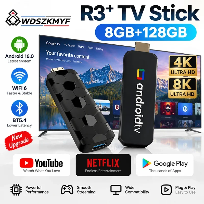 R3+ Bluetooth WiFi6 Dual UI Android16 Smart TV Stick 4K Ultra HD Streaming 8GB RAM+128GB ROM Home Entertainment YouTube Netflix