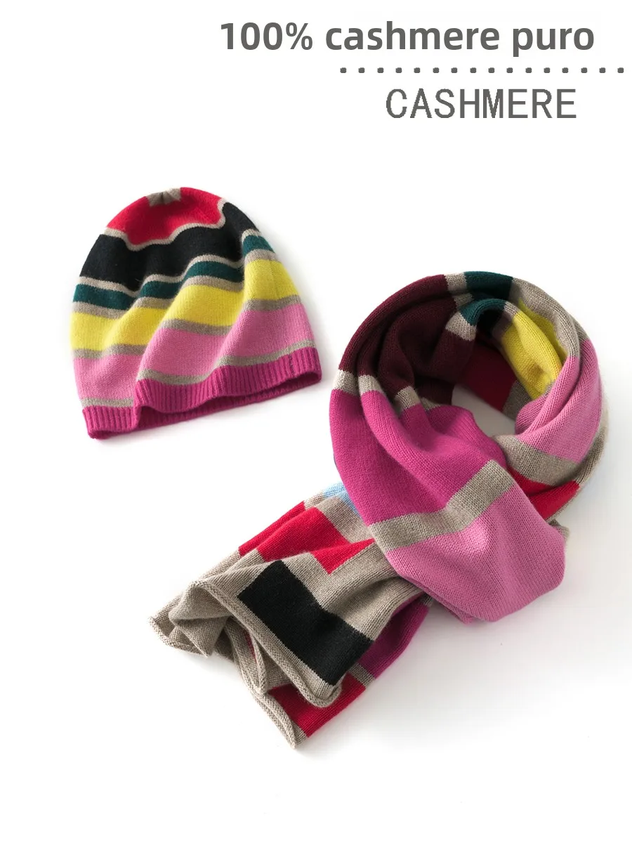 thiened-rainbow-stripes-00-pure-camere-hat-scarf-set-extra-large-dopane-color-hat-scarf-awl-two-piece-set