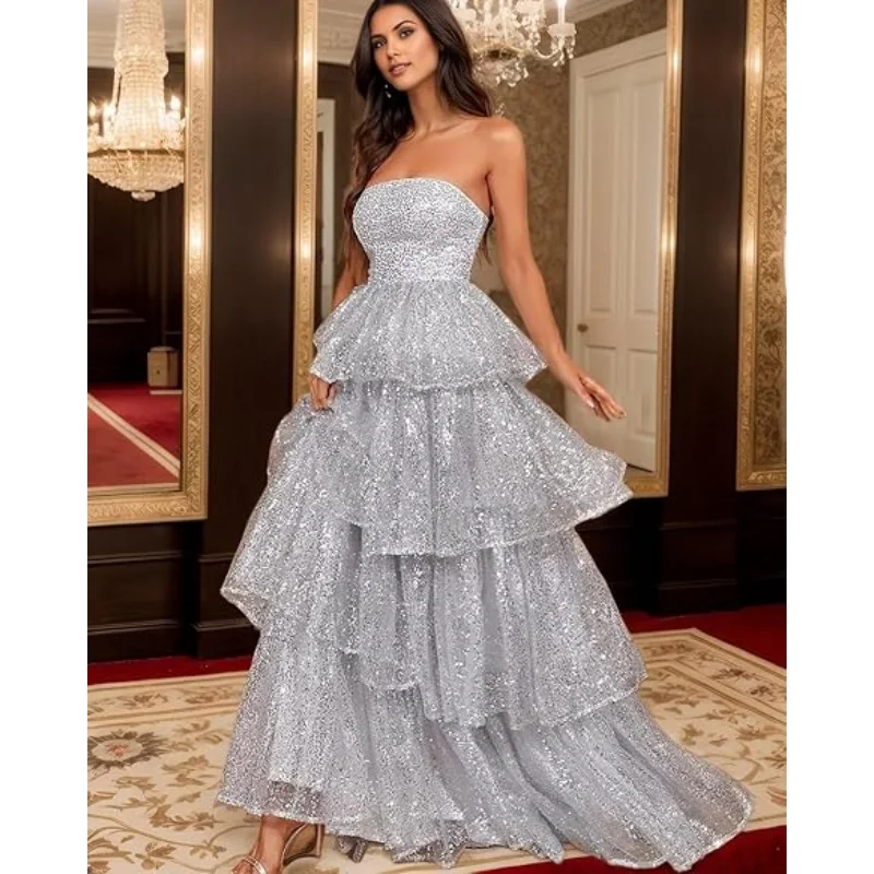 

Womens Sequin Prom Dress Sparkly Strapless A-Line Floor Length Formal Evening Party Gown