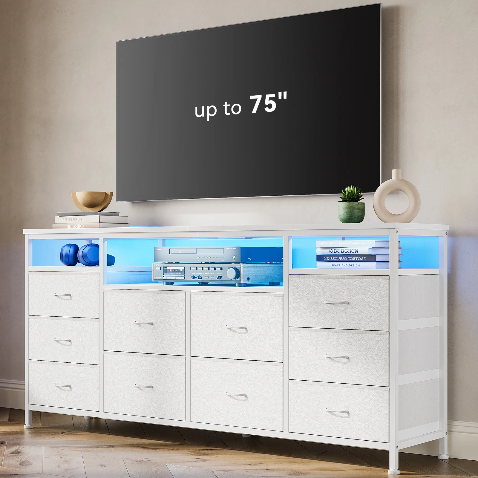 GAOMON TV Stand with Drawers Dresser Entertainment Center LED Light Strip Power Outlet 10 Fabric Drawers White Leather Media Console Storage Cabinet