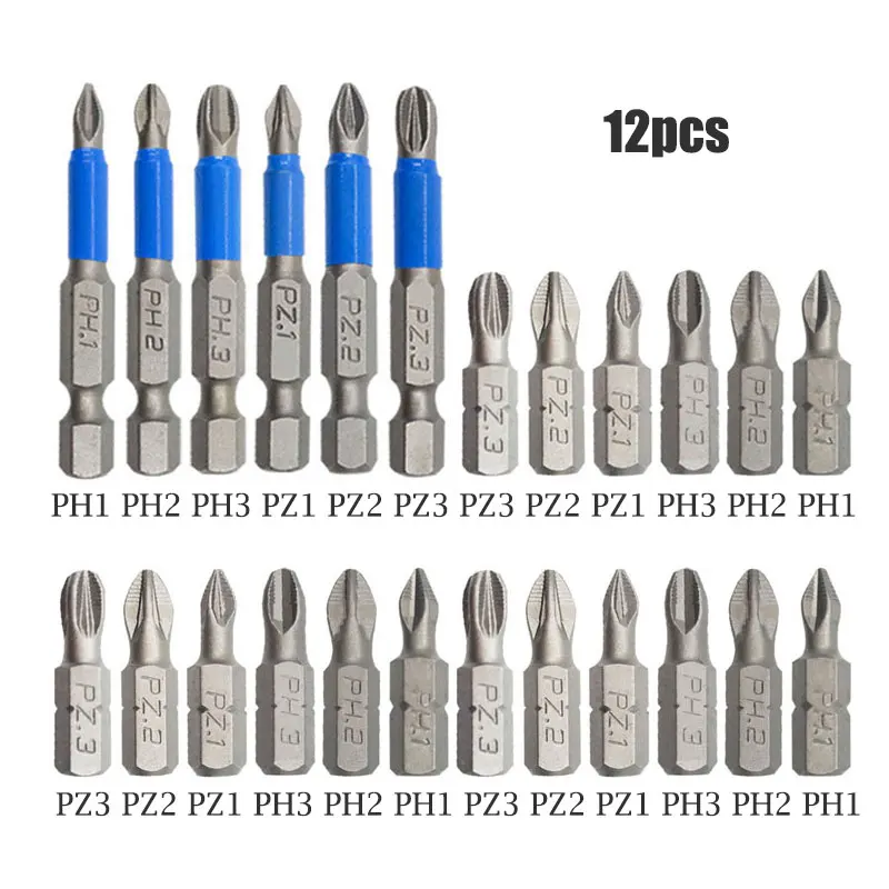 12PCs No-slip PH2/PZ1/PZ2/PZ3 Screwdriver Bit Sets for Drill Magnet 25/50mm S2 Alloy Steel Screwdriver Electric Impact PH1/PH3