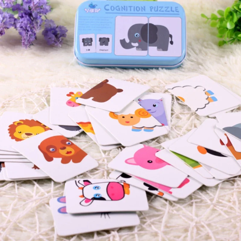 Baby Puzzle Toys with Iron Box Cards Matching Game Card Car Fruit Animal Life Cognitive Puzzles Gift for Toddler Kids Education