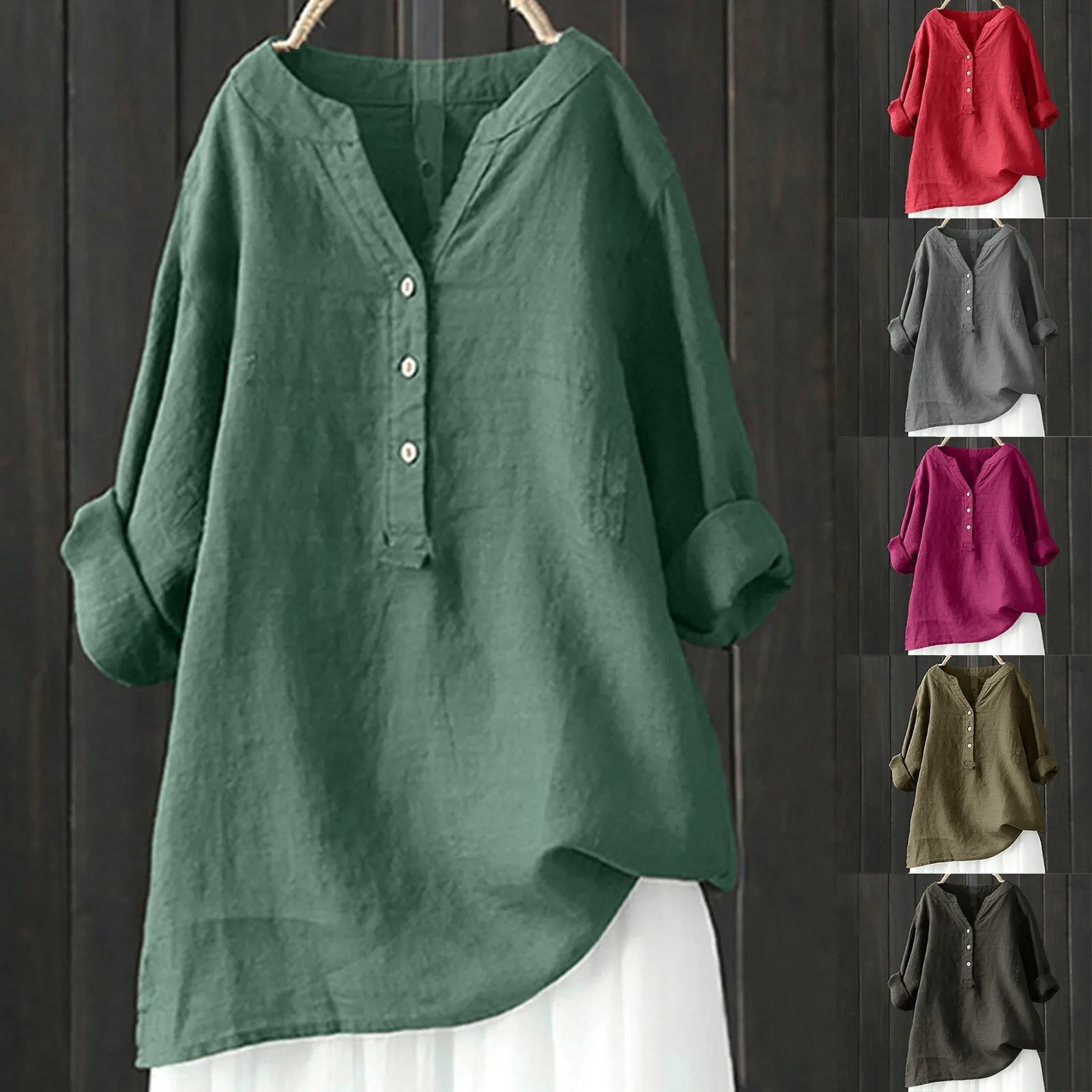 Large Size Women\'s Shirt Top Fashion Standing Collar Button Top Shirt Shirt Cotton Linen Shirt Solid Colour Casual Loose Shirt