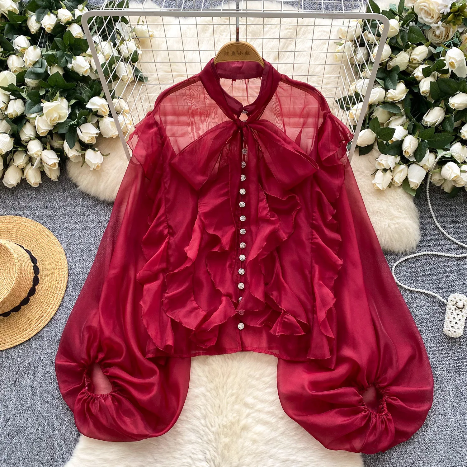 

Women Ruffle Hem Shirt Sheer Mesh Shirts Solid Lace Up Long Puff Sleeves Round Neck Loose Fit Office Lady Casual 2025 Summer