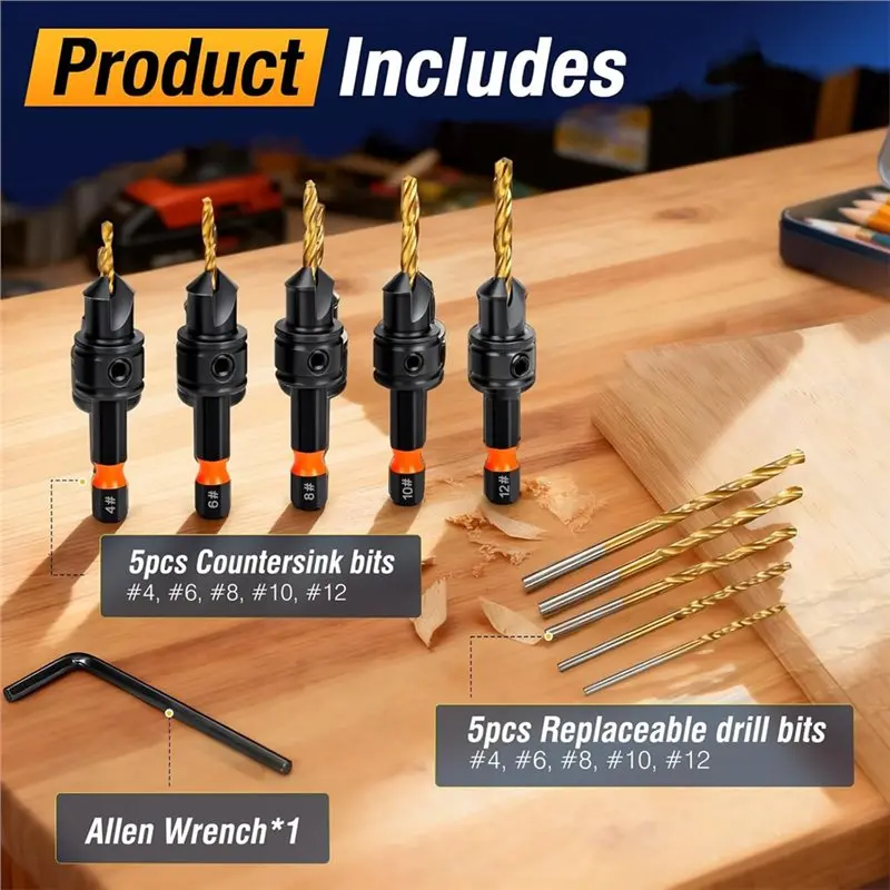 Mar.Countersink Drill Bit Set With Adjustable Depth, 12Pcs For Wood& Titanium Coated Hex Shank Included