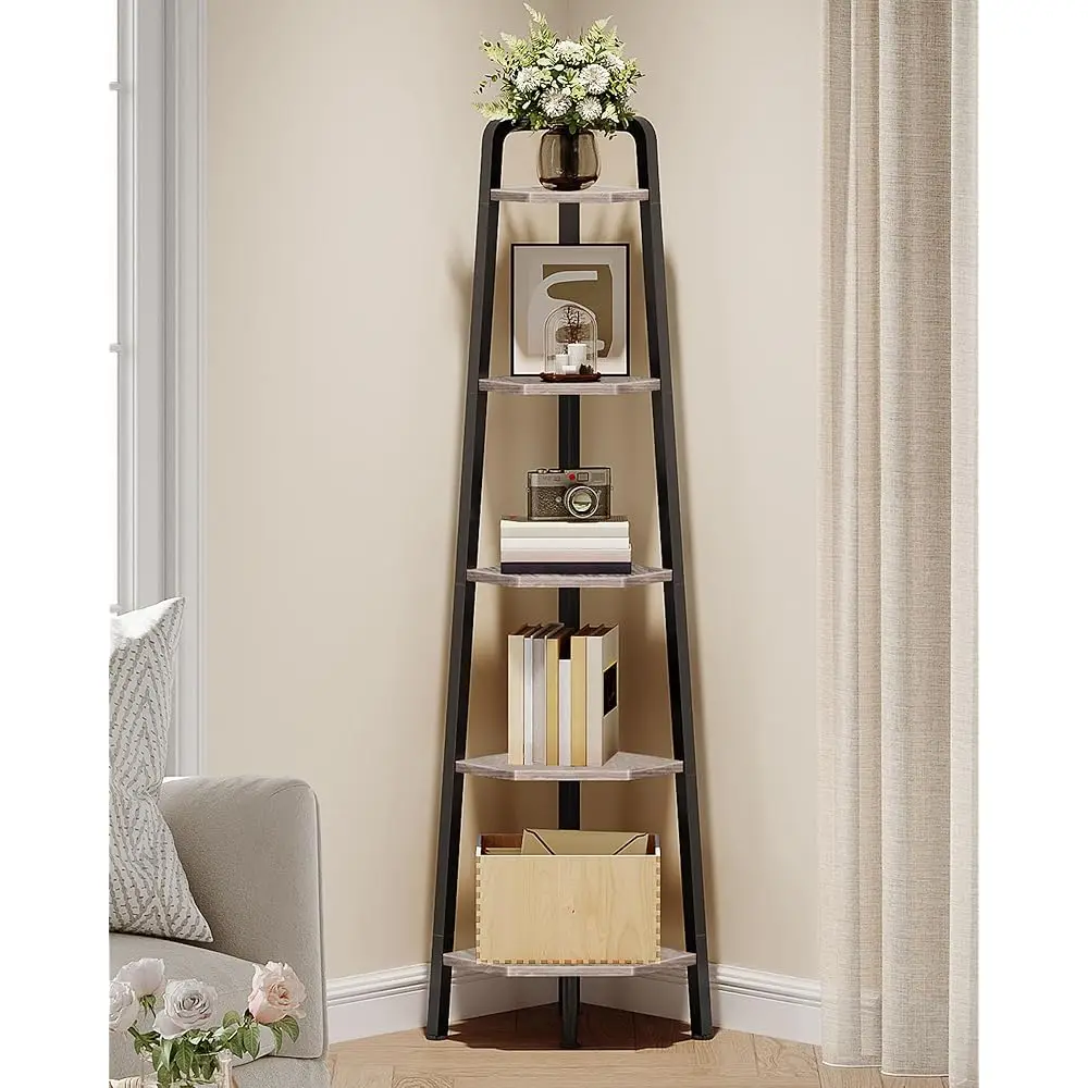 

Corner Shelf, 5-Tier Ladder Corner Shelf, Ladder Bookshelf, 59.6"" Tall Vertical Display Stand, Metal Frame Bookshelf, For