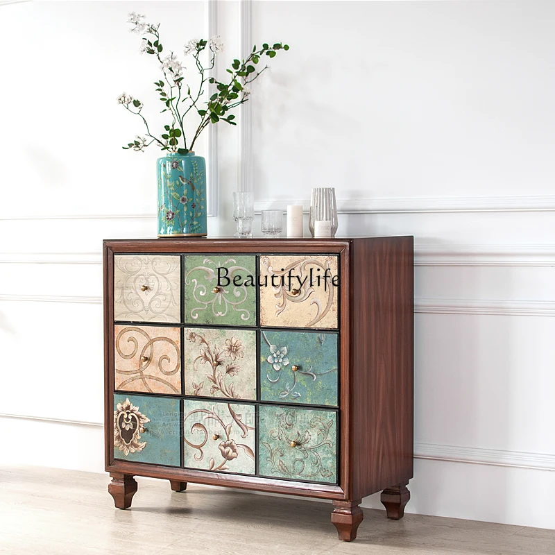 

02American three-bucket cabinet living room solid wood storage storage double door retro drawer porch cabinet