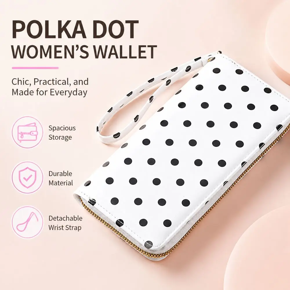 Polka Dot Pattern Polka Dot Wallet Zip Around Closure Multiple Card Slots Coin Purse Detachable Wrist Strap Smooth Surface