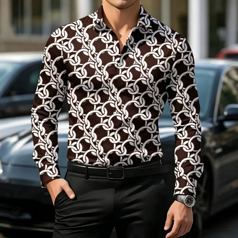 Men's Chain Print Long Sleeve Stand Collar Shirt Slim Fit Casual Button Up Blouse Luxury Streetwear Business Party Tops view 3