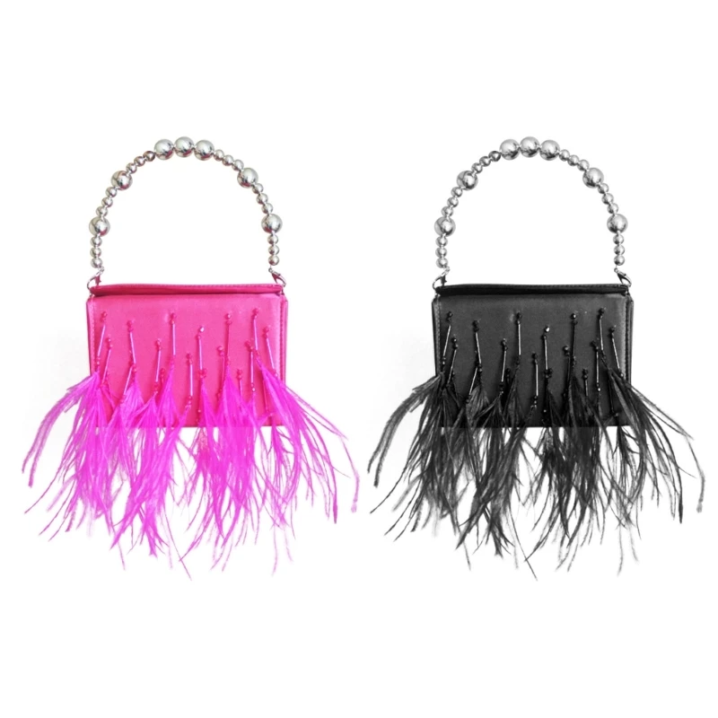 Luxury Ostrich Feather-Handbag for Women Tassels Crossbody Bag Wedding Purse Pearl-Strap Handbag Fashion Clutch Box Bag E74B