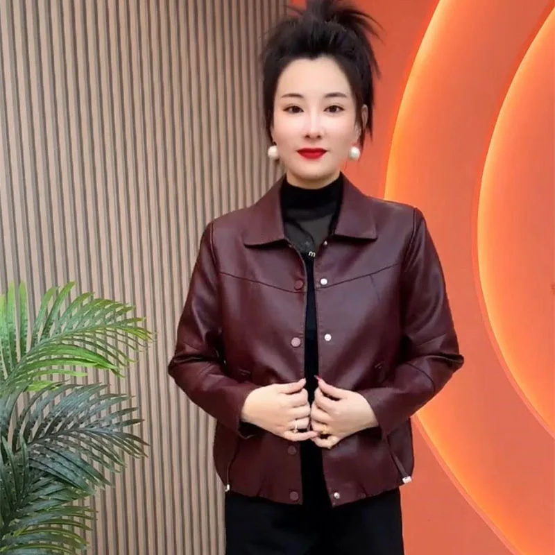 Spring Autumn Women Leisure PU Leather Coat Retro Ladies Large Size 4XL Leather Jacket Female Fashion Faux Leather Outwear 4