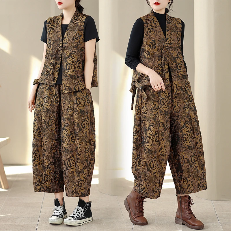 

plus Size Faionable Mommy Two-Piece Set Top Wide Leg Pants Spring Autumn New Sle Comfortable Fit Artistic Commute Sle