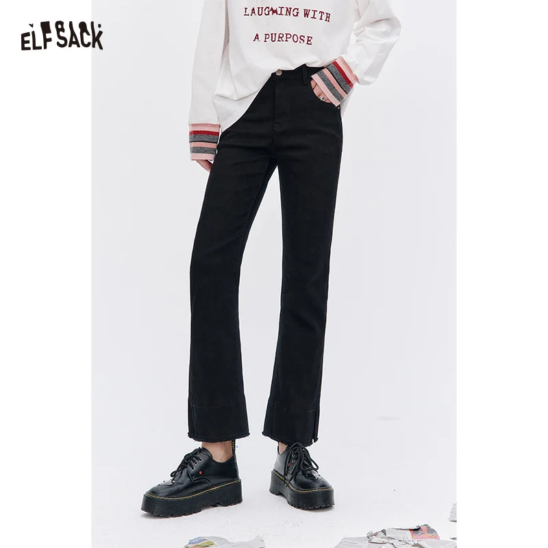 

ELFSACK 2025 Autumn New Arrival Casual Washed Distressed Hem Denim Pants For Women