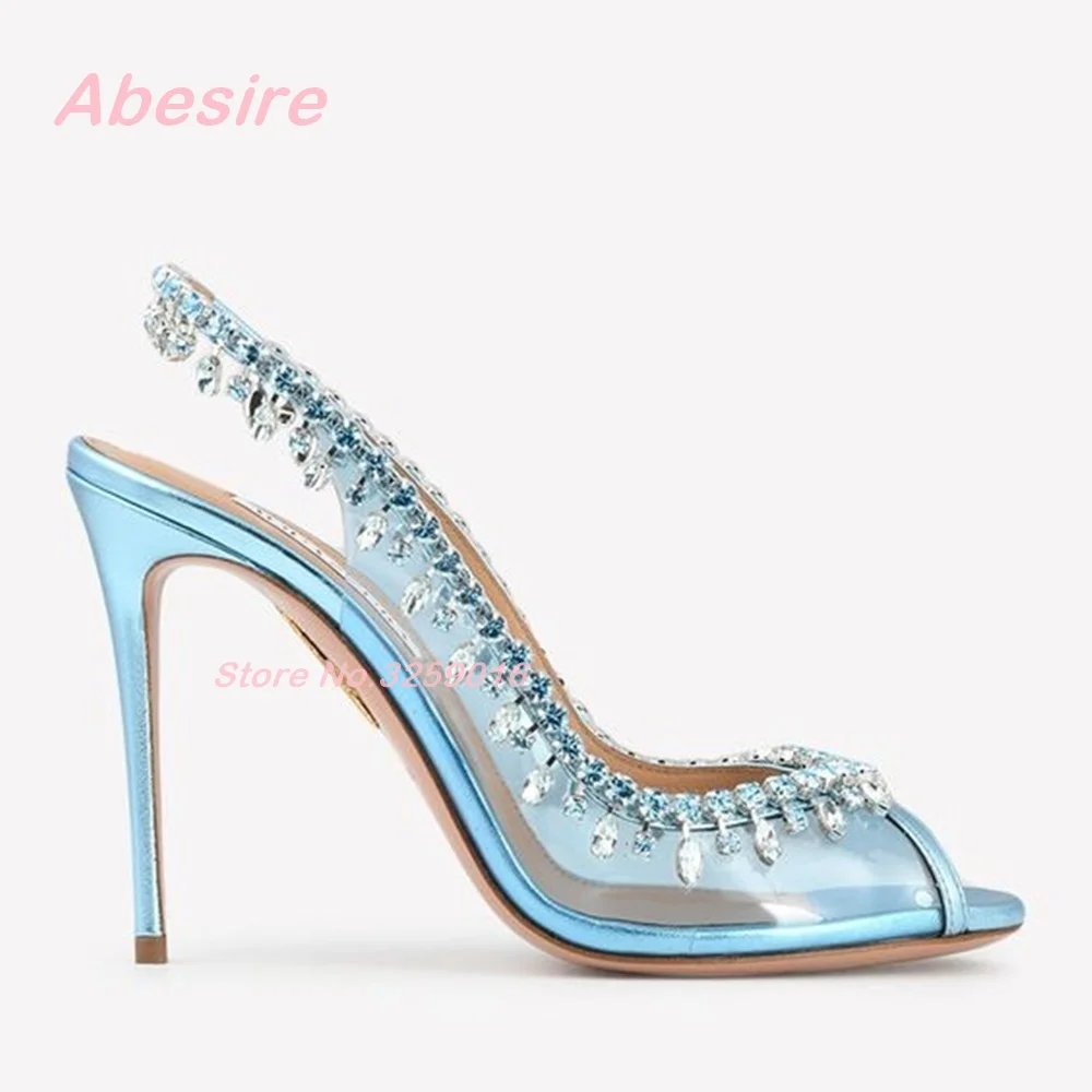 Peep Toe Stiletto Heels Pvc Crystals Slingback Pumps Slip On Rhinestone Sandals for Women Summer 2023 New Solid Party Shoes Sexy