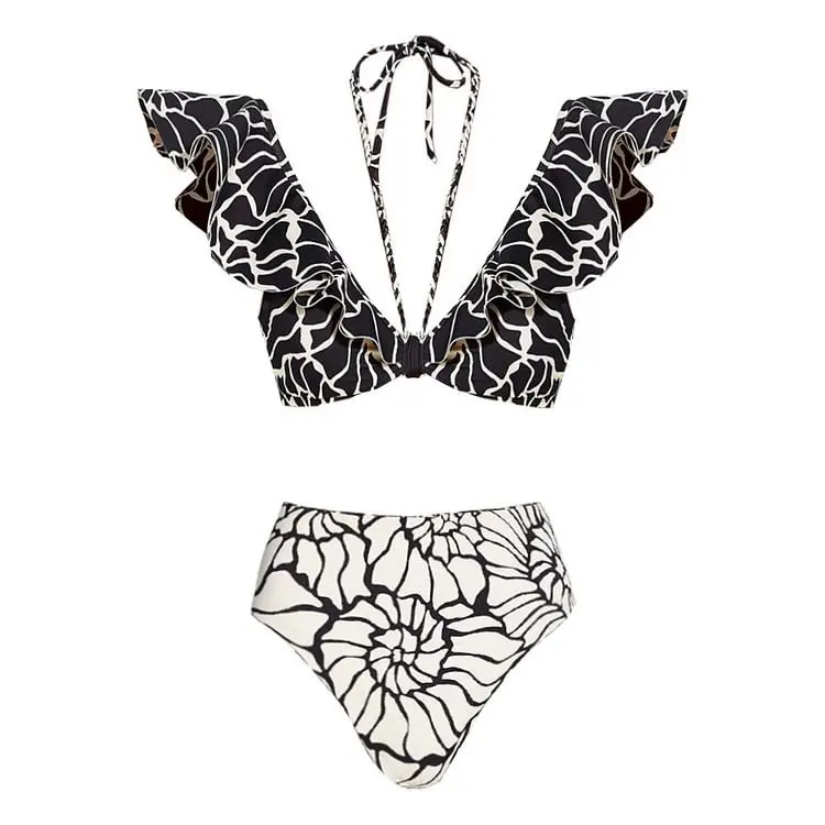 Women's Lotus Leaf Edge Hanging Neck Split Swimsuit,  Double-Sided High Waist Bikini Set