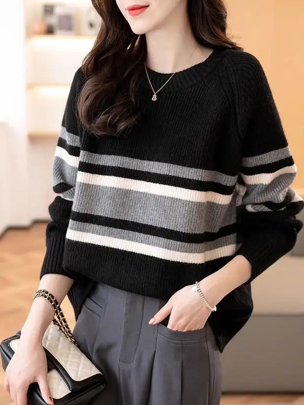 Maglieria a righe color sangue di fascia alta Maglione strato base allentato da donna Abbigliamento interno Autunno Inverno Caldo Fce Lungo Sve rotondo...