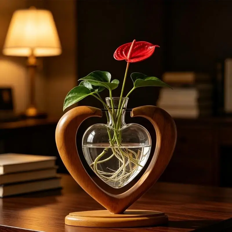 Heart Hydroponic Vase Stand with Wooden Frame and Glass Vessel for Tabletop Plant Cutting Accent, Office Desk and D2RD