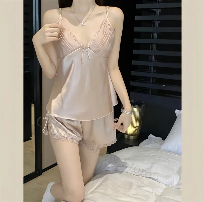 2024 New Strap Top&shorts Sexy Lace Trim Pyjamas Nightwear Women Satin Loungewear Backless Pajamas 2Pcs Lingerie Home Clothes