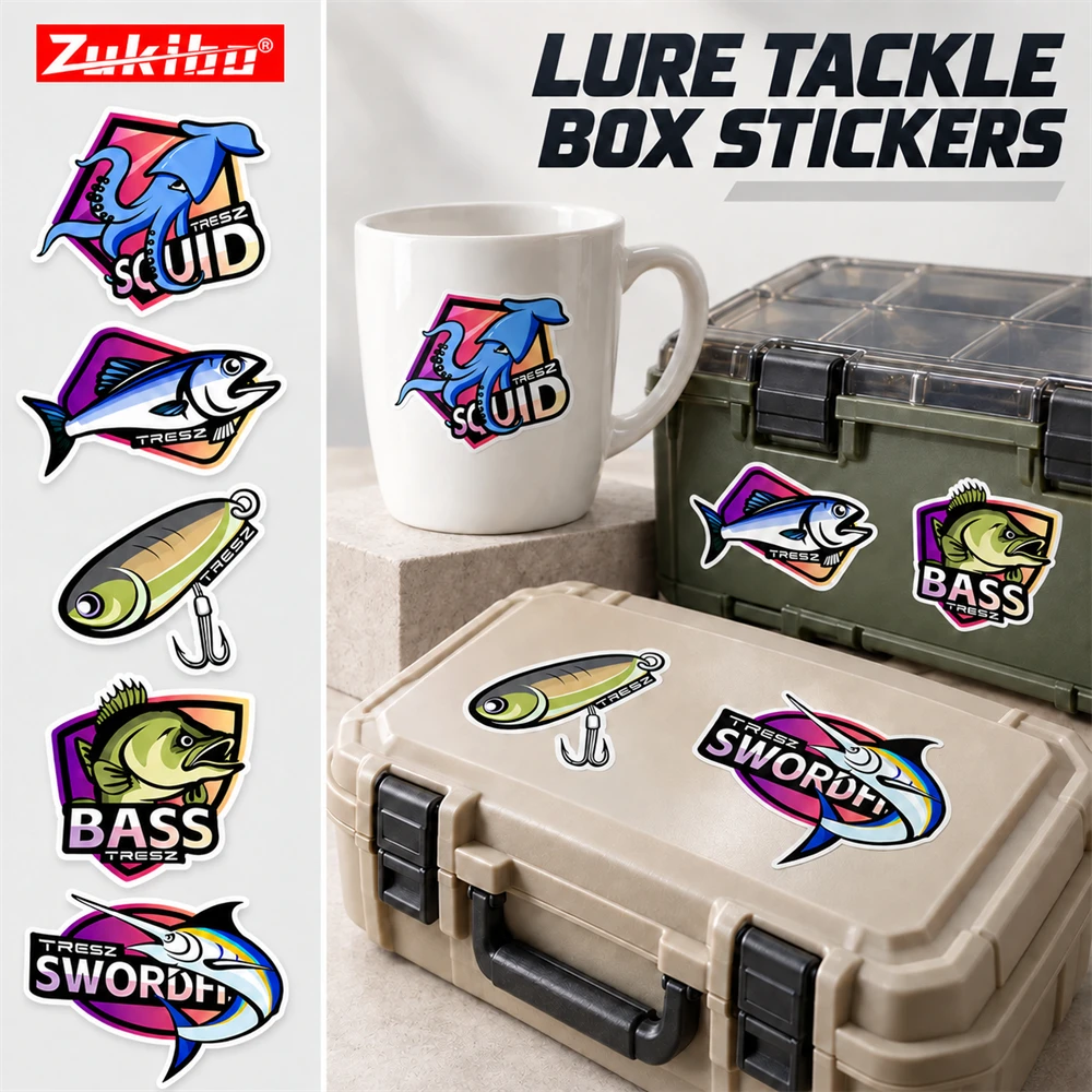 ZUKIBO Fishing Tackle Box Stickers Waterproof PVC Decals 3M Adhesive Lure Box Lid Side Cover Graphic Decal Fishing Accessories